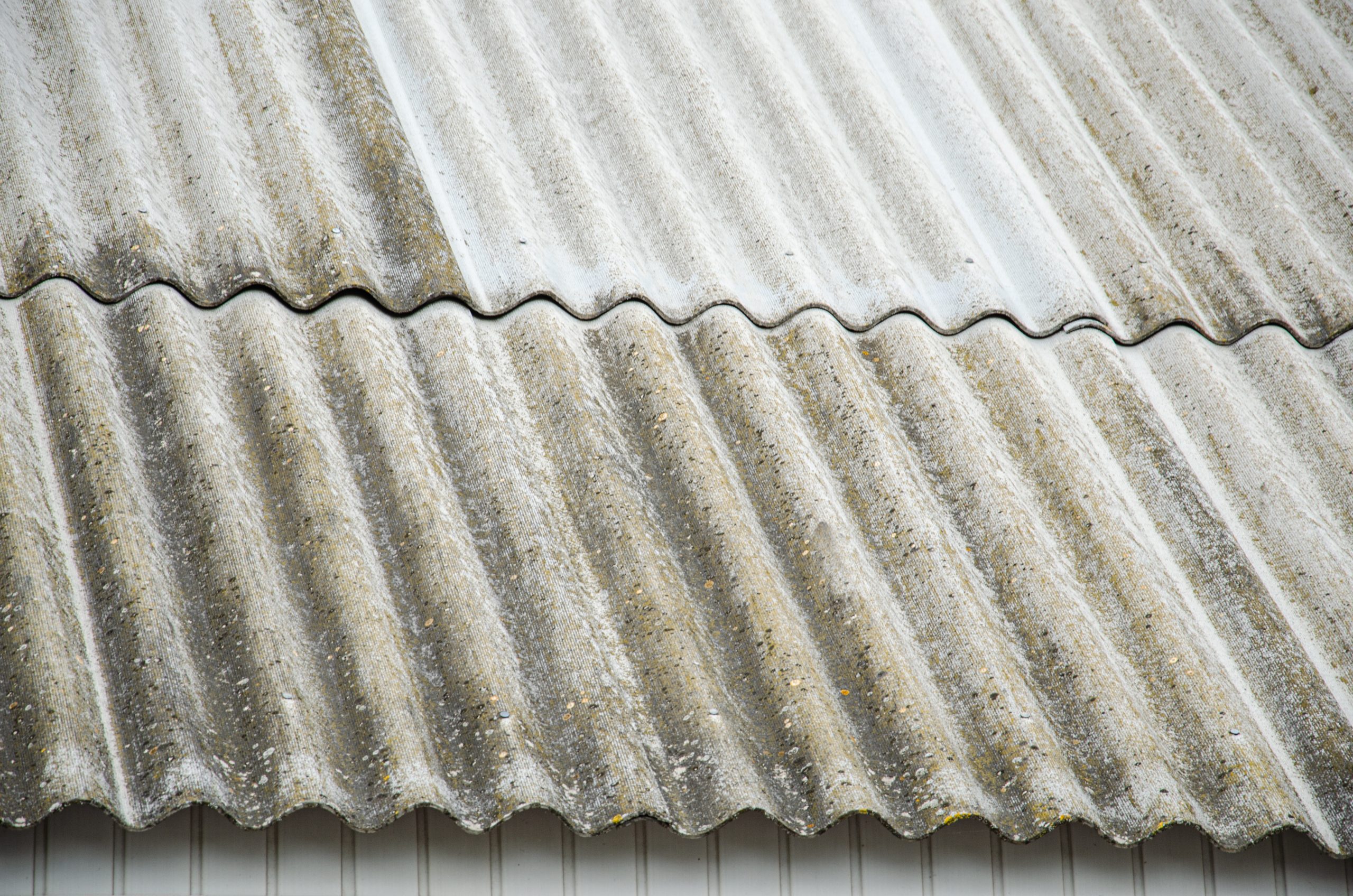 Old wavy slate roof . Texture of old slate . Shed roof covered with old asbestos sheets.